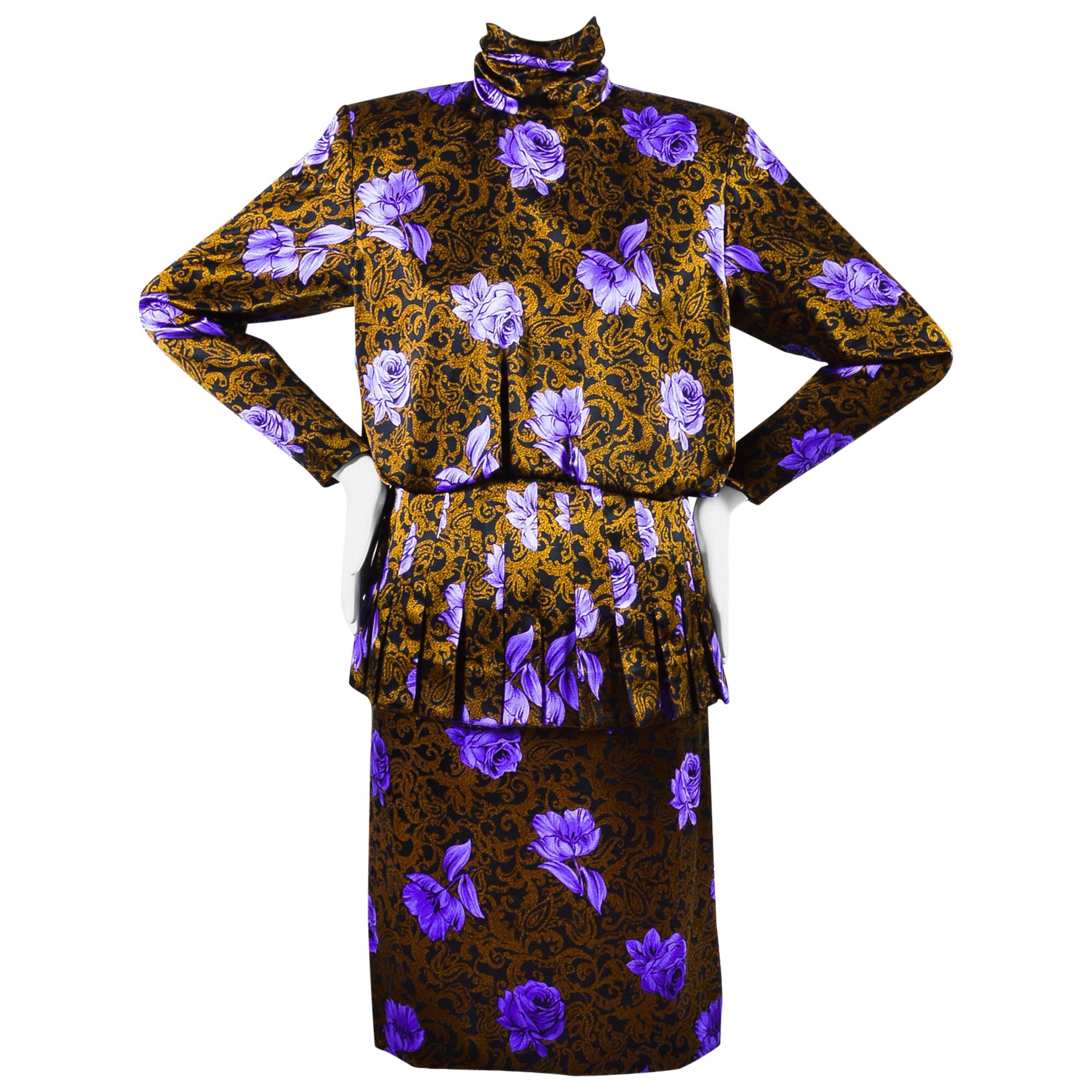 Vintage Galanos Black Purple Gold Print Silk Draped Cowl Neck Long Sleeve Dress For Sale