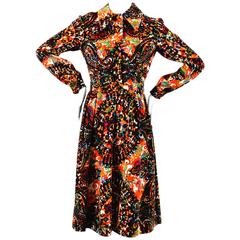 Vintage Oscar de la Renta Black Multicolor Velvet Belted Dress 8