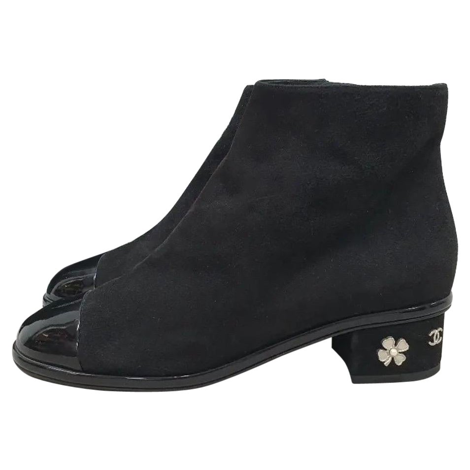 Chanel  Suede Patent Calfskin Charm Cap Toe Short Boots  For Sale