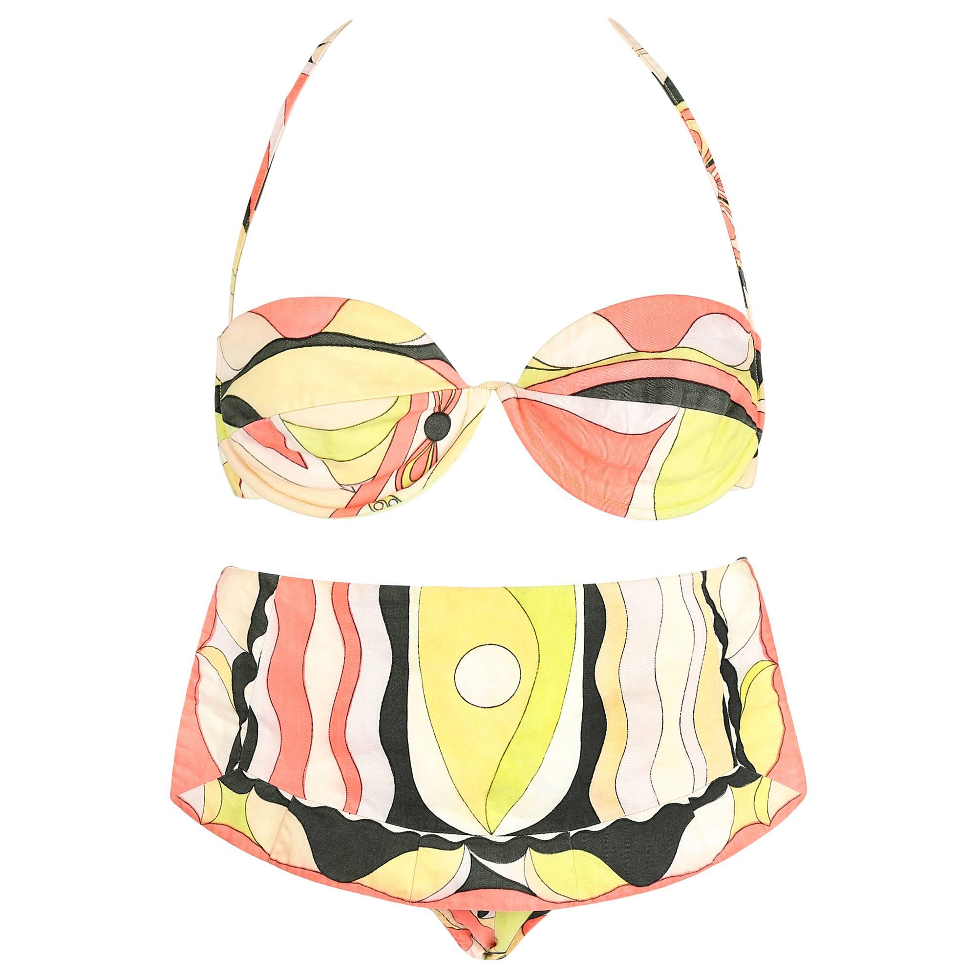 EMILIO PUCCI c.1960's Multicolor Print 100% Cotton Two Piece Bikini Bathing Suit