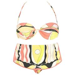 Vintage EMILIO PUCCI c.1960's Multicolor Print 100% Cotton Two Piece Bikini Bathing Suit