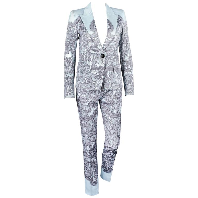 EMILIO PUCCI Two Piece Pale Blue Lace Print Fitted Blazer Pants Suit