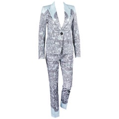 EMILIO PUCCI Two Piece Pale Blue Lace Print Fitted Blazer Pants Suit Set Size 6