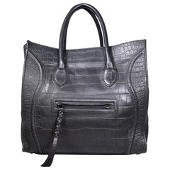 Celine Phantom-Gepäcktasche aus schwarzem Kalbsleder mit Krokodillederprägung Medium