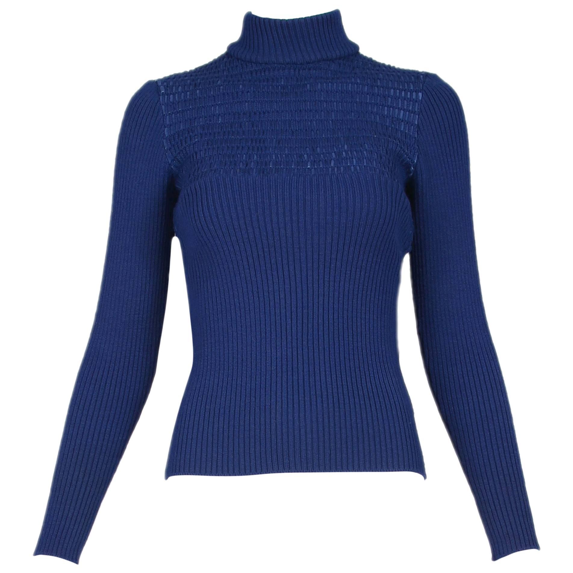 1970's Gucci Blue Mock Turtle Neck Sweater w/Suede Weave For Sale