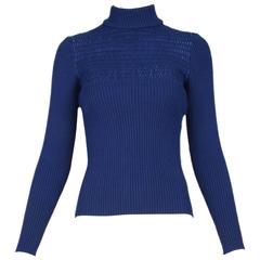 1970's Gucci Blue Wool Ribbed Mock Turtle Neck Sweater W/Suede Woven Into Fabric