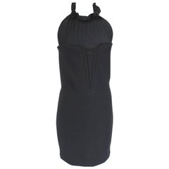 YSL Yves Saint Laurent Black Frill Neck Wool Dress F 40 uk 10 12