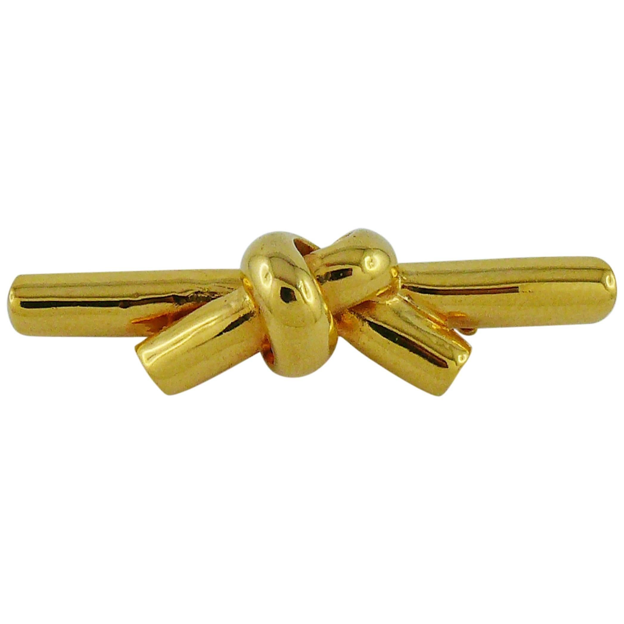 Lanvin Vintage Gold Toned Knot Bar Brooch For Sale