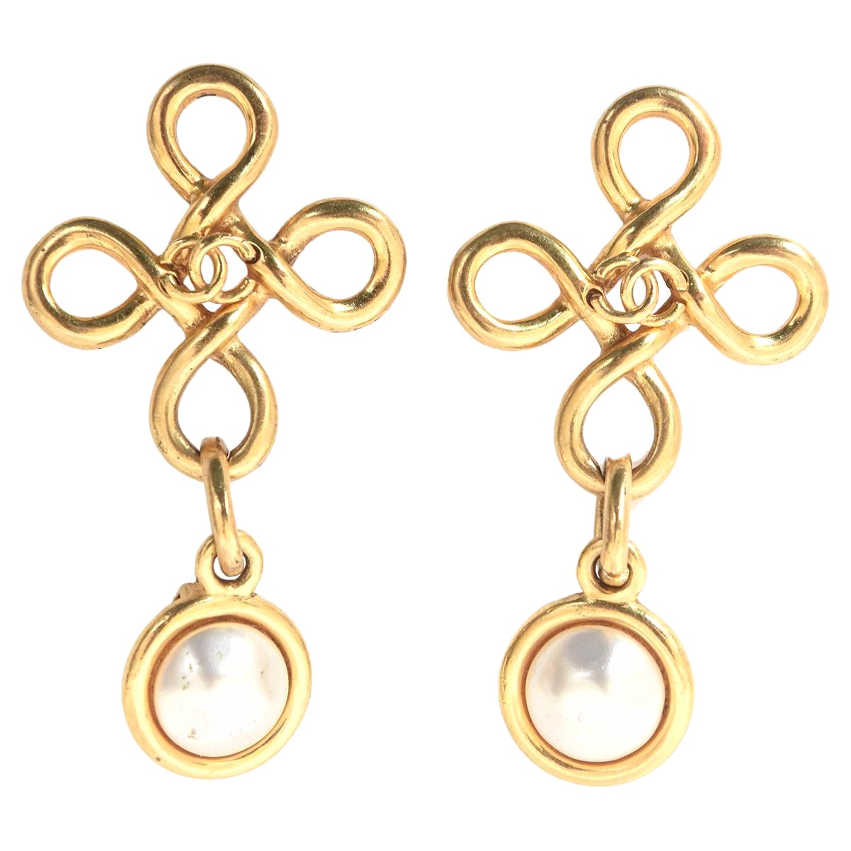 Chanel Gold Plated and Faux Pearl Vintage Clip on Dangle Earrings For Sale