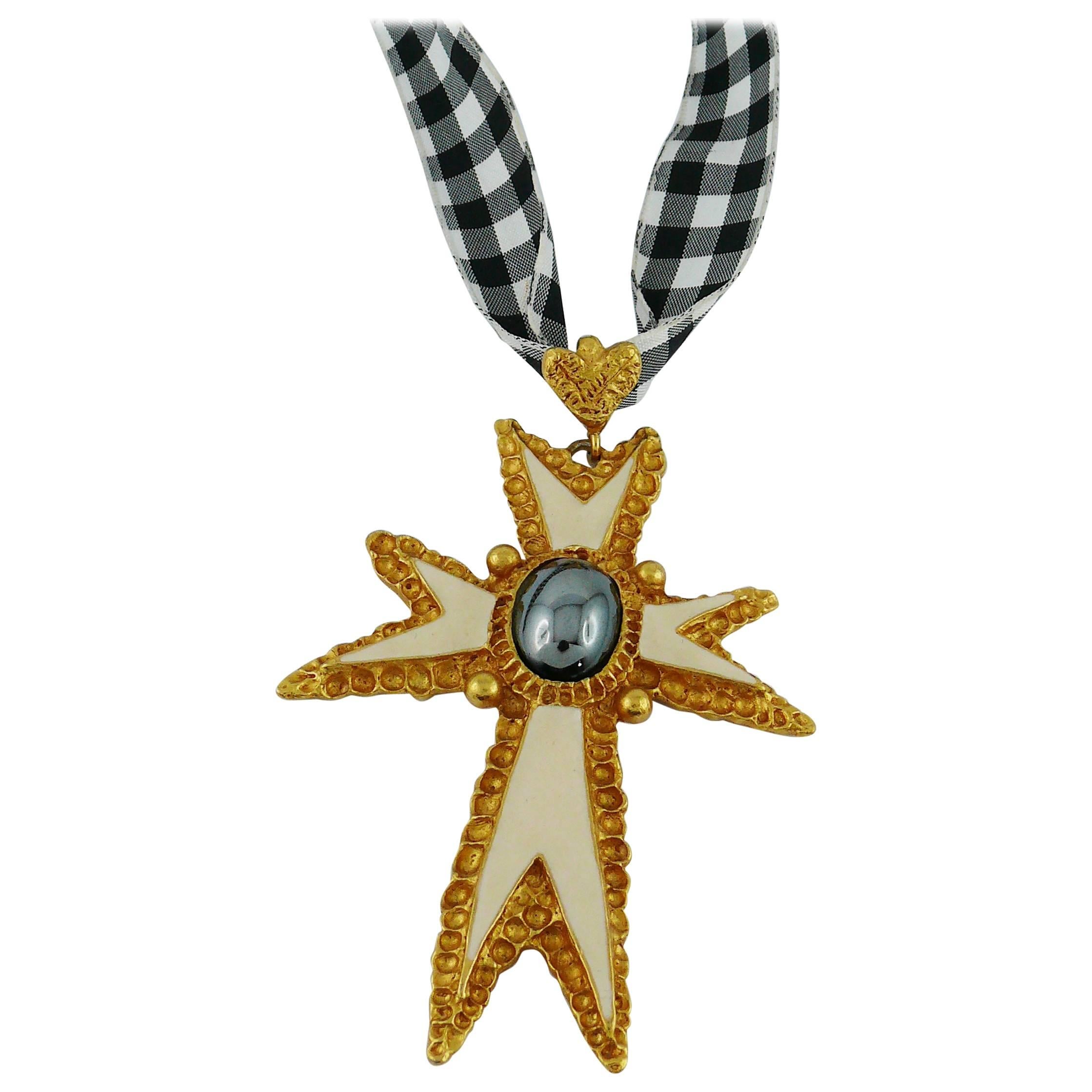 Christian Lacroix Vintage 1994 Enamel Cross Pendant Necklace