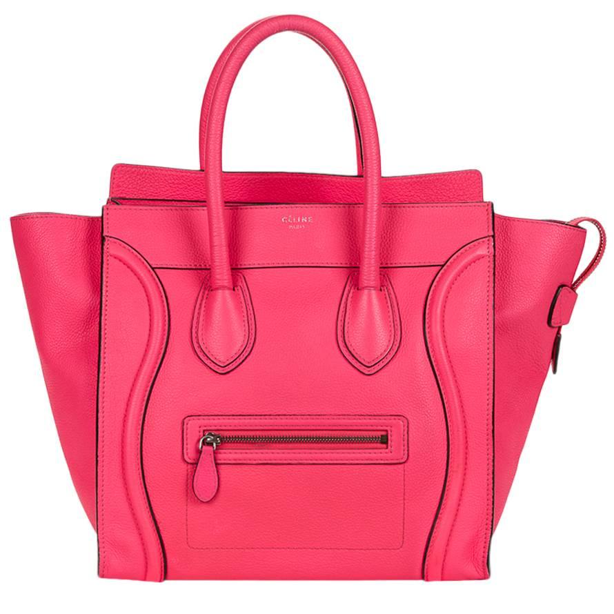2010s Céline Neon Pink Drummed Leather Mini Luggage Tote