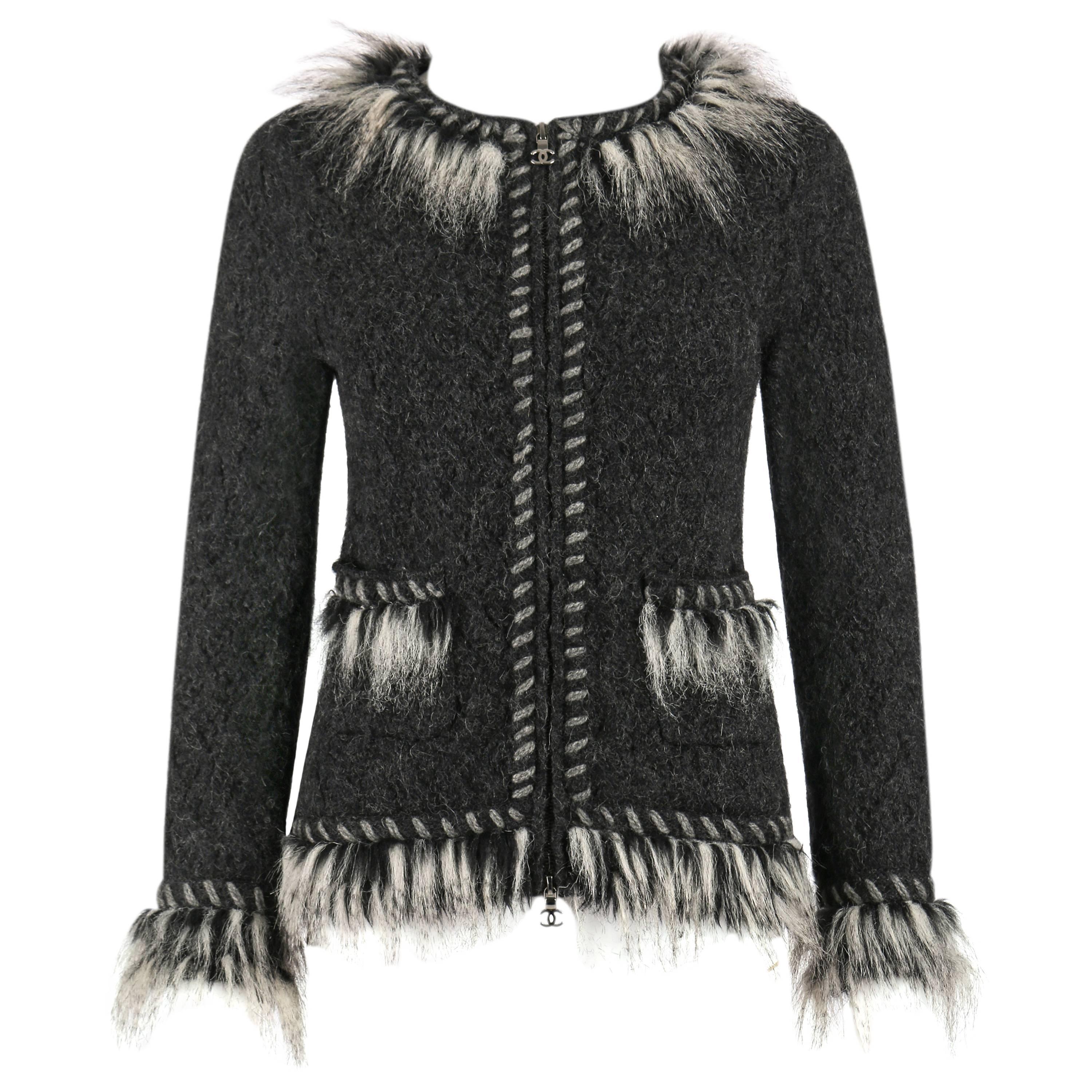CHANEL Gray Alpaca Cashmere Knit Fringe Fur Zip Front Cardigan Sweater Jacket