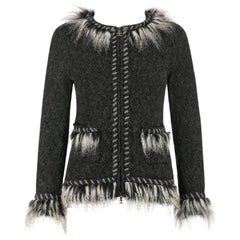 CHANEL Gray Alpaca Cashmere Knit Fringe Fur Zip Front Cardigan Sweater Jacket