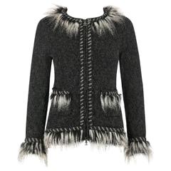CHANEL Gray Alpaca Cashmere Knit Fringe Fur Zip Front Cardigan Sweater Jacket 8