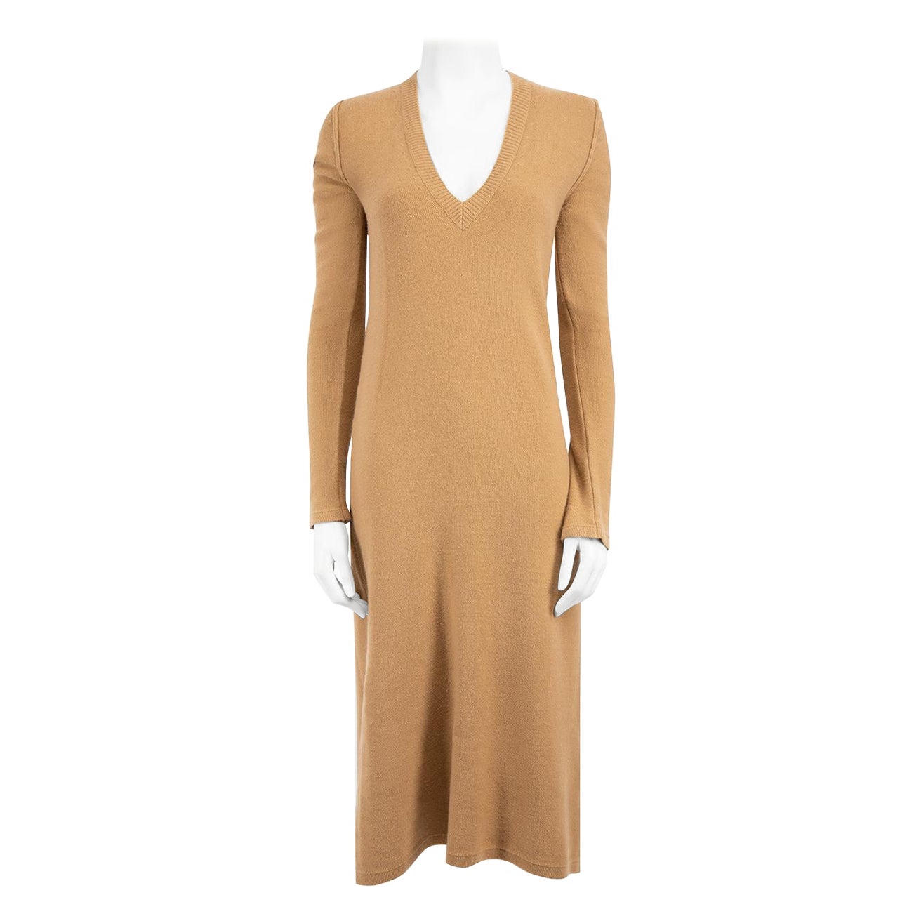 Chloé Camel Wool V-Neck Knitted Midi Dress Size M For Sale