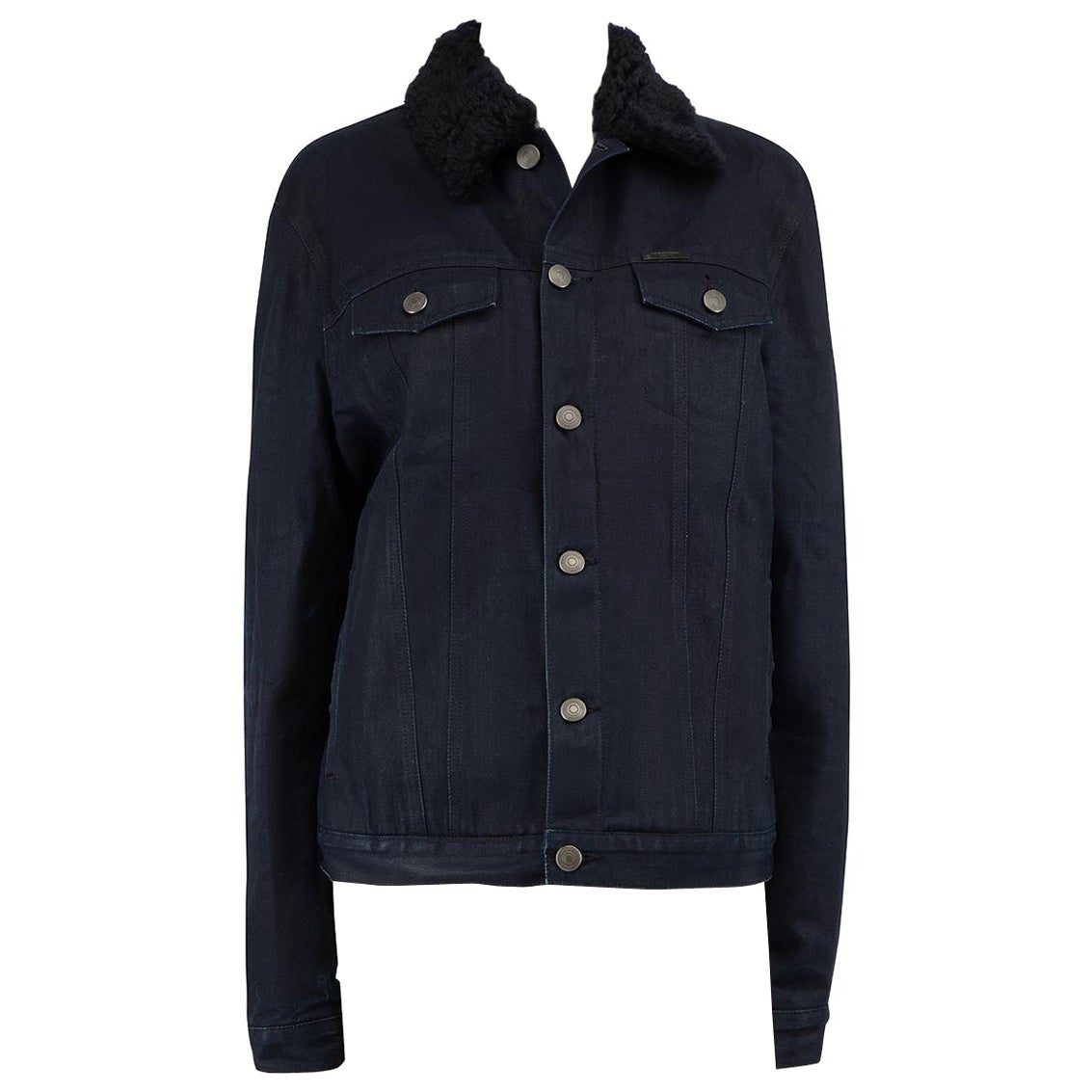 Burberry Navy Waxed Denim Fur Lined Jacket Size XL For Sale