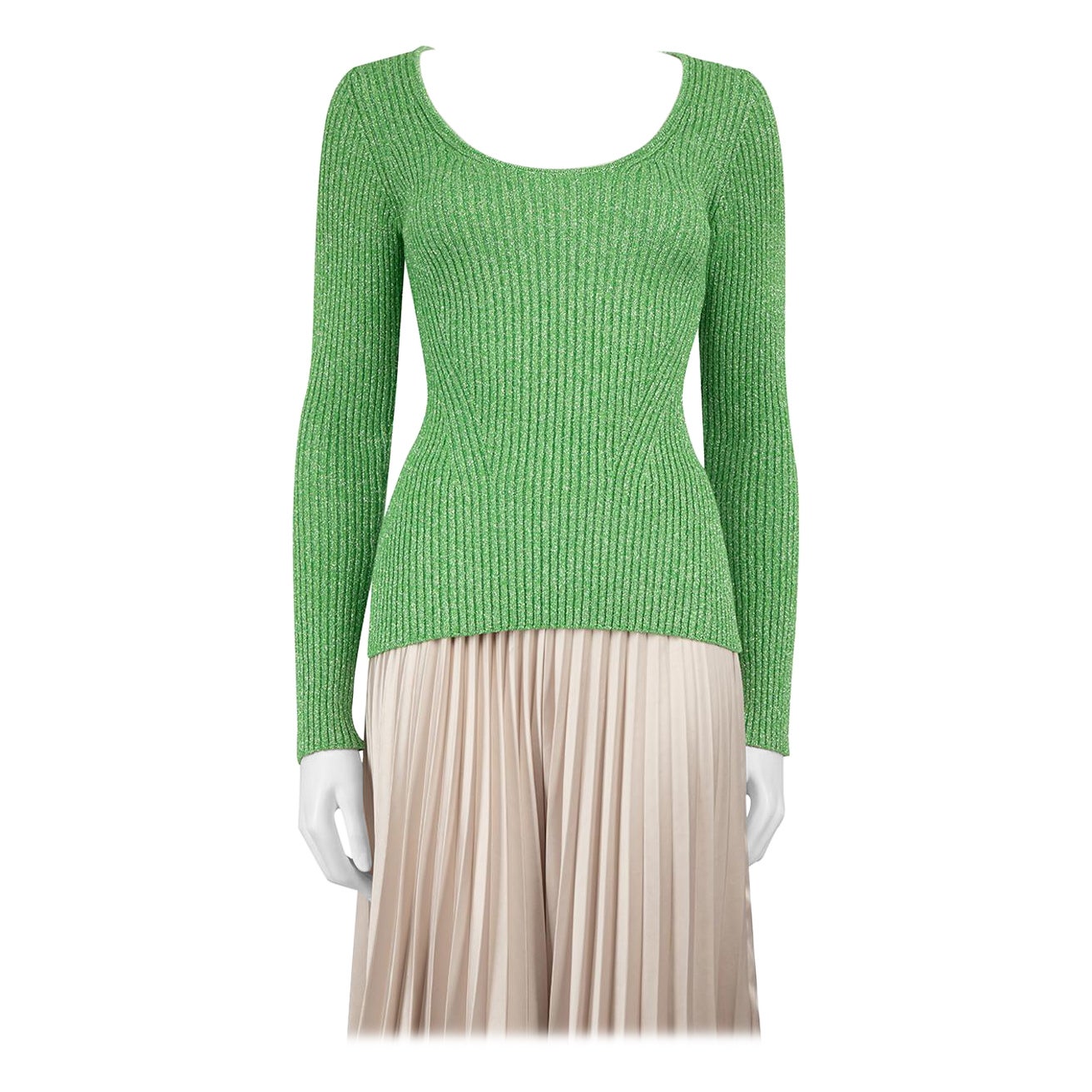Ganni Green Glitter Ribbed Knit Top Size XS For Sale