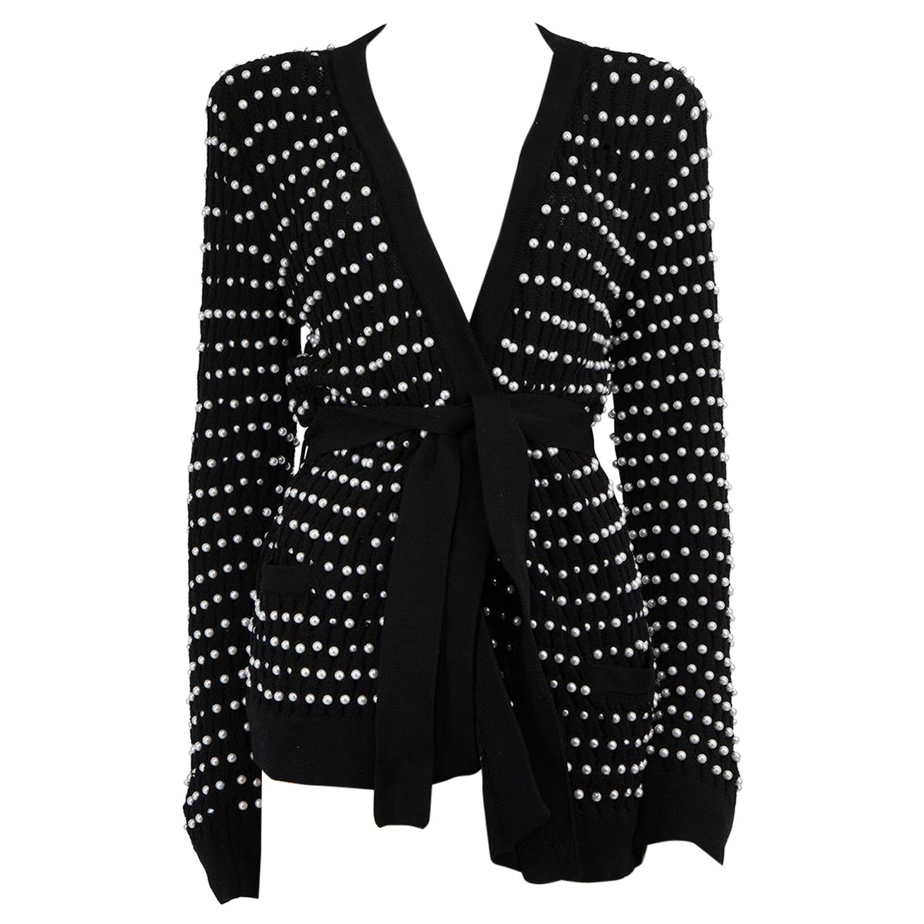 Balmain Black Knit Pearl Embellished Cardigan Size XL For Sale