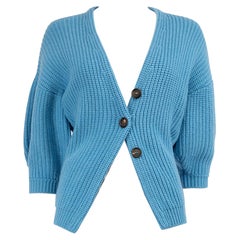 Brunello Cucinelli - Cardigan en tricot bleu à manches bouffantes, taille S