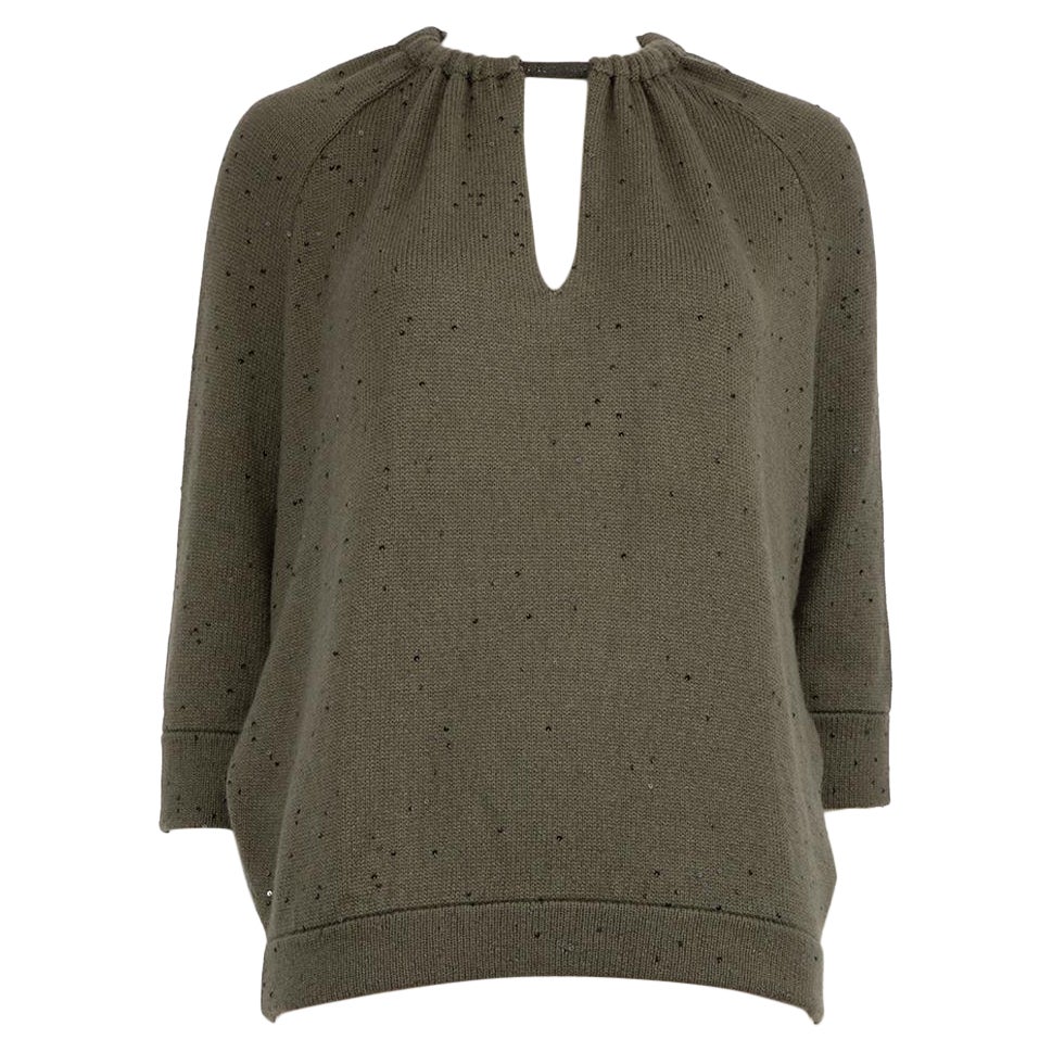 Brunello Cucinelli Khaki Sequinned Knitted Top Size M