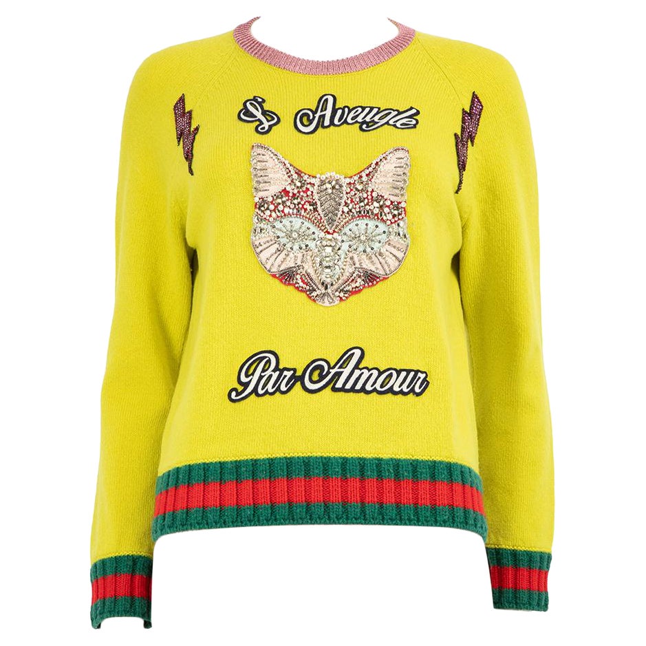 Gucci Green Wool Cat Embroidered Appliqué Sweater Size L For Sale