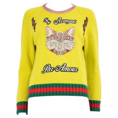 Used Gucci Green Wool Cat Embroidered Appliqué Sweater Size L