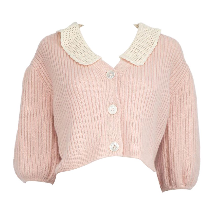 Miu Miu 2021 Pink Cashmere Knit Crochet Collar Cardigan Size S For Sale