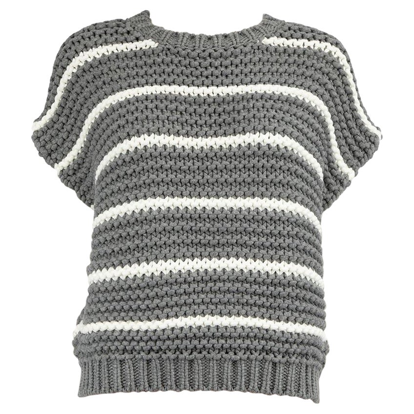 Brunello Cucinelli Grey Chunky Knit Stripe Top Size M For Sale