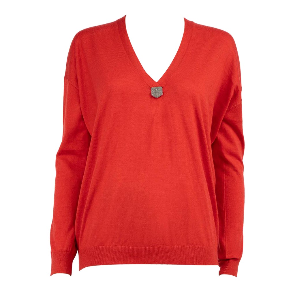 Brunello Cucinelli Red Cashmere Beaded V-Neck Top Size S For Sale