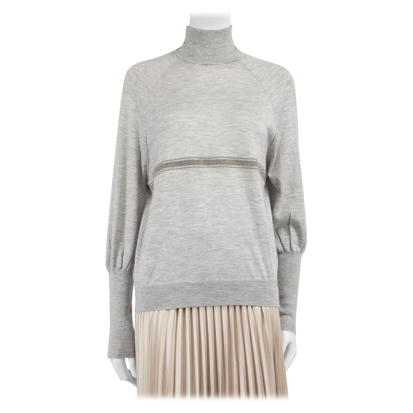 Brunello Cucinelli Grey Cashmere Beaded Turtleneck Top Size S For Sale