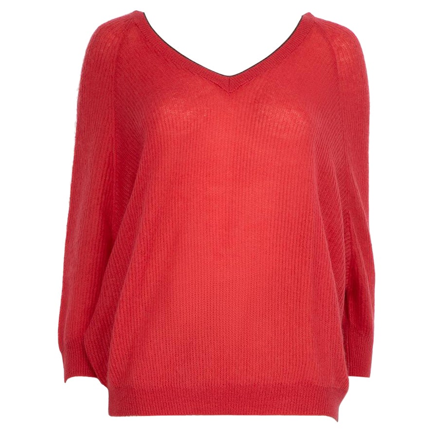 Brunello Cucinelli Red Beaded V-Neck Jumper Size XS For Sale