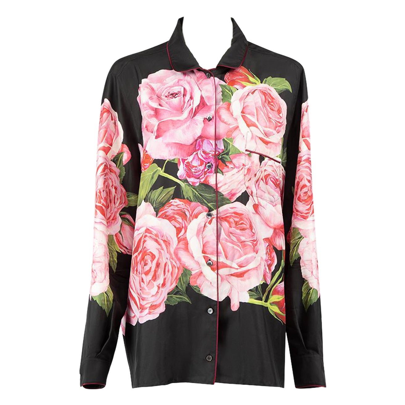 Dolce & Gabbana Black Silk Rose Print Shirt Size XXXL For Sale
