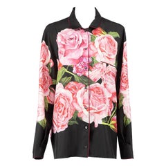 Dolce & Gabbana Schwarzes Hemd aus Seide mit Rosendruck aus Seide Größe XXXL