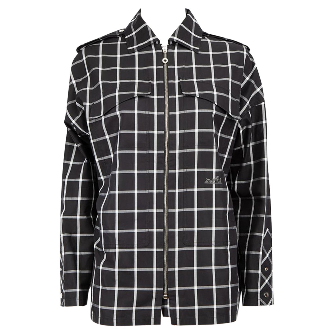 Hermès Black Checkered Zipped Long Sleeve Shirt Size S For Sale