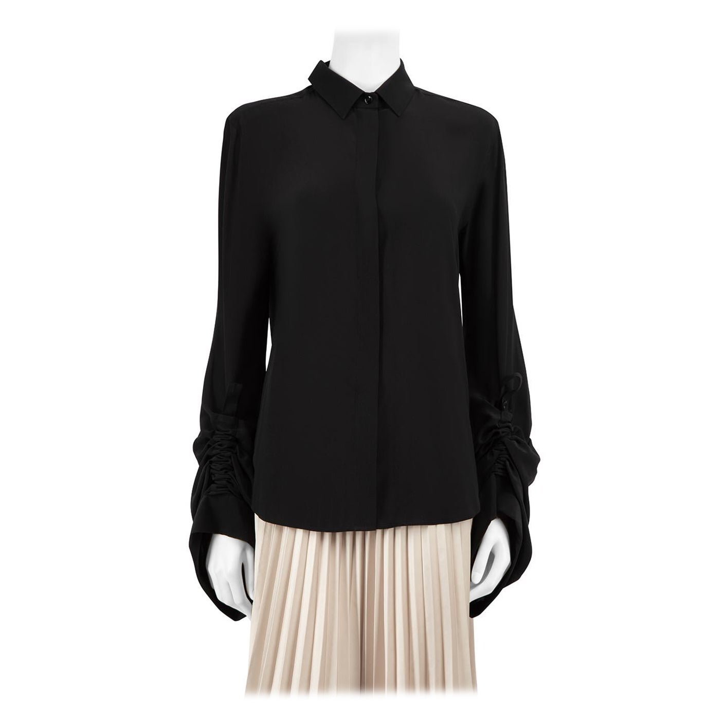 Saint Laurent Black Silk Ruched Sleeve Shirt Size L For Sale