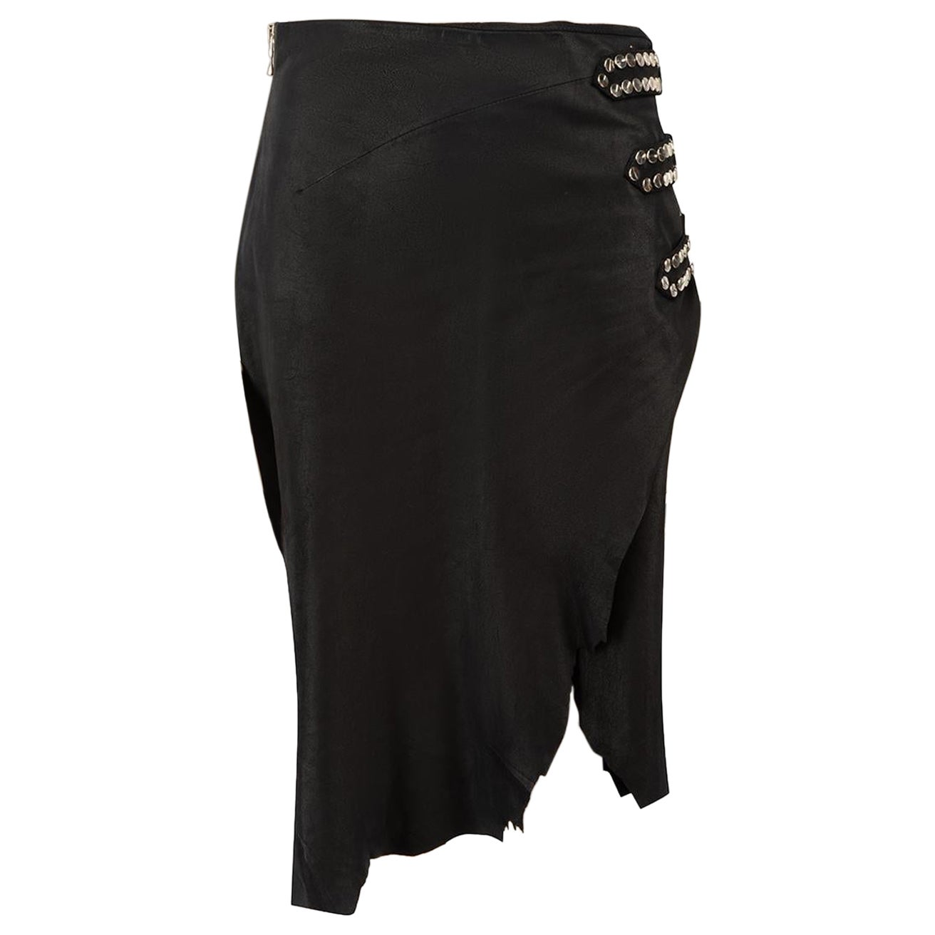 Balmain Black Leather Studded Raw Hem Skirt Size L en vente