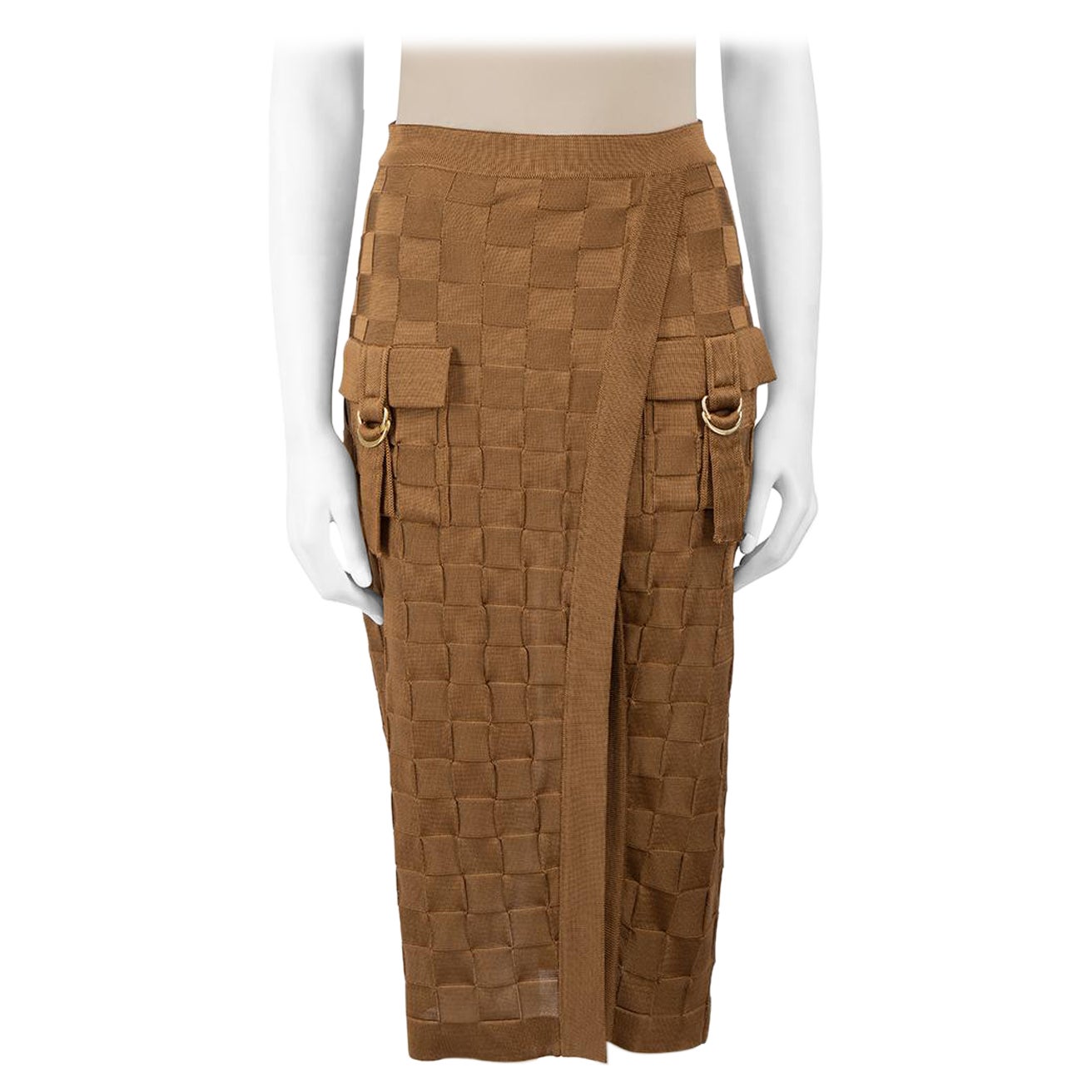 Balmain Brown Woven Pattern Pocket Detail Skirt Size M For Sale