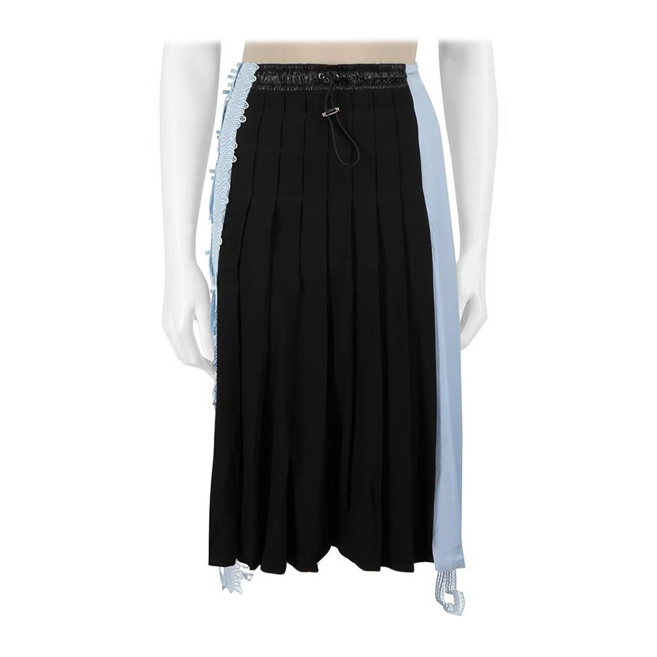 Versace Blue & Black Silk Lace Trim Pleated Skirt Size L For Sale