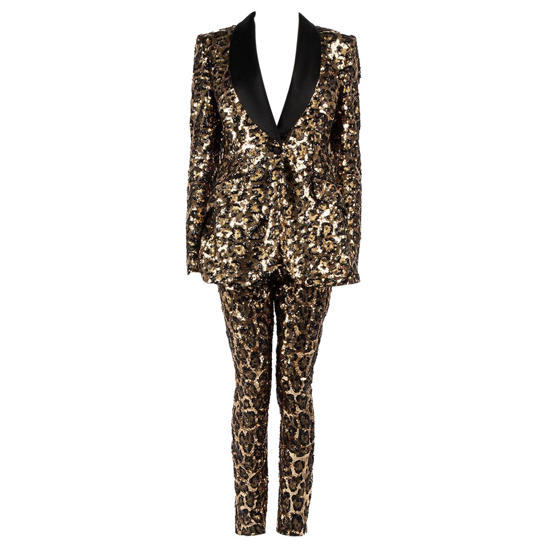 Dolce & Gabbana Gold Sequin Leopard Trouser Suit Size M For Sale