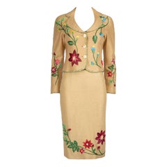 Moschino Beige Woven Floral Embroidered Skirt Suit Size S