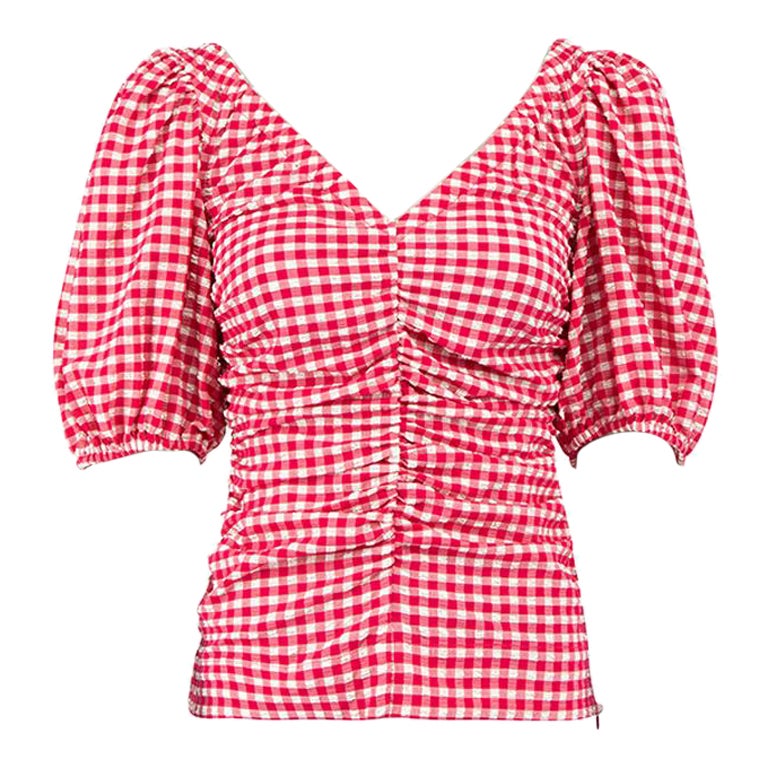 Ganni Red Love Potion Gingham Ruched Top Size XS For Sale