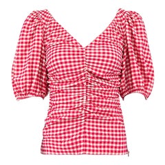 Ganni Red Love Potion Gingham Ruched Top Size XS