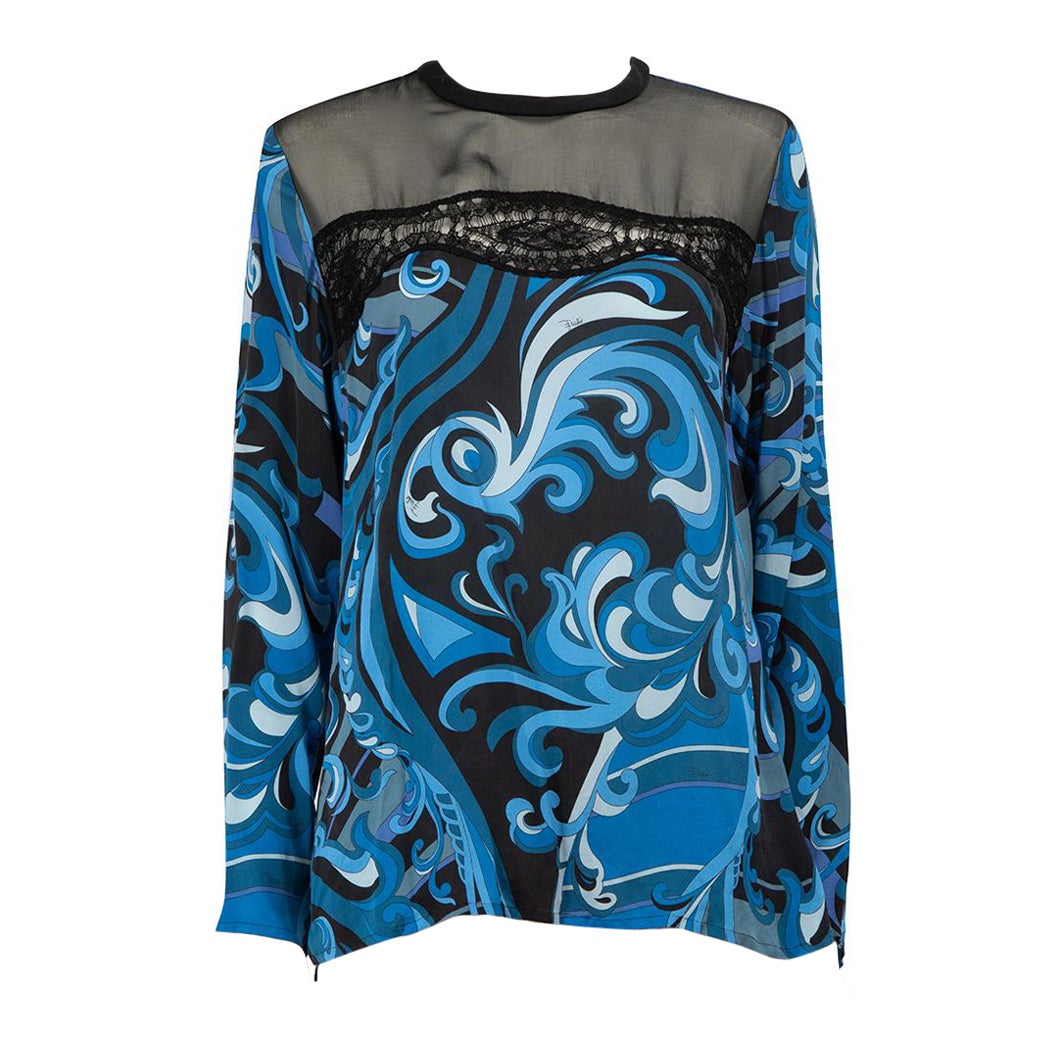Emilio Pucci Blaues Top aus Seide mit abstraktem Muster Größe S im Angebot