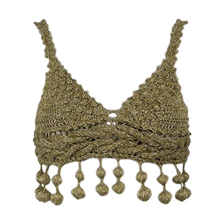 Rosie Assoulin Green Crochet Bobble-Trim Crop Top Size XS For Sale
