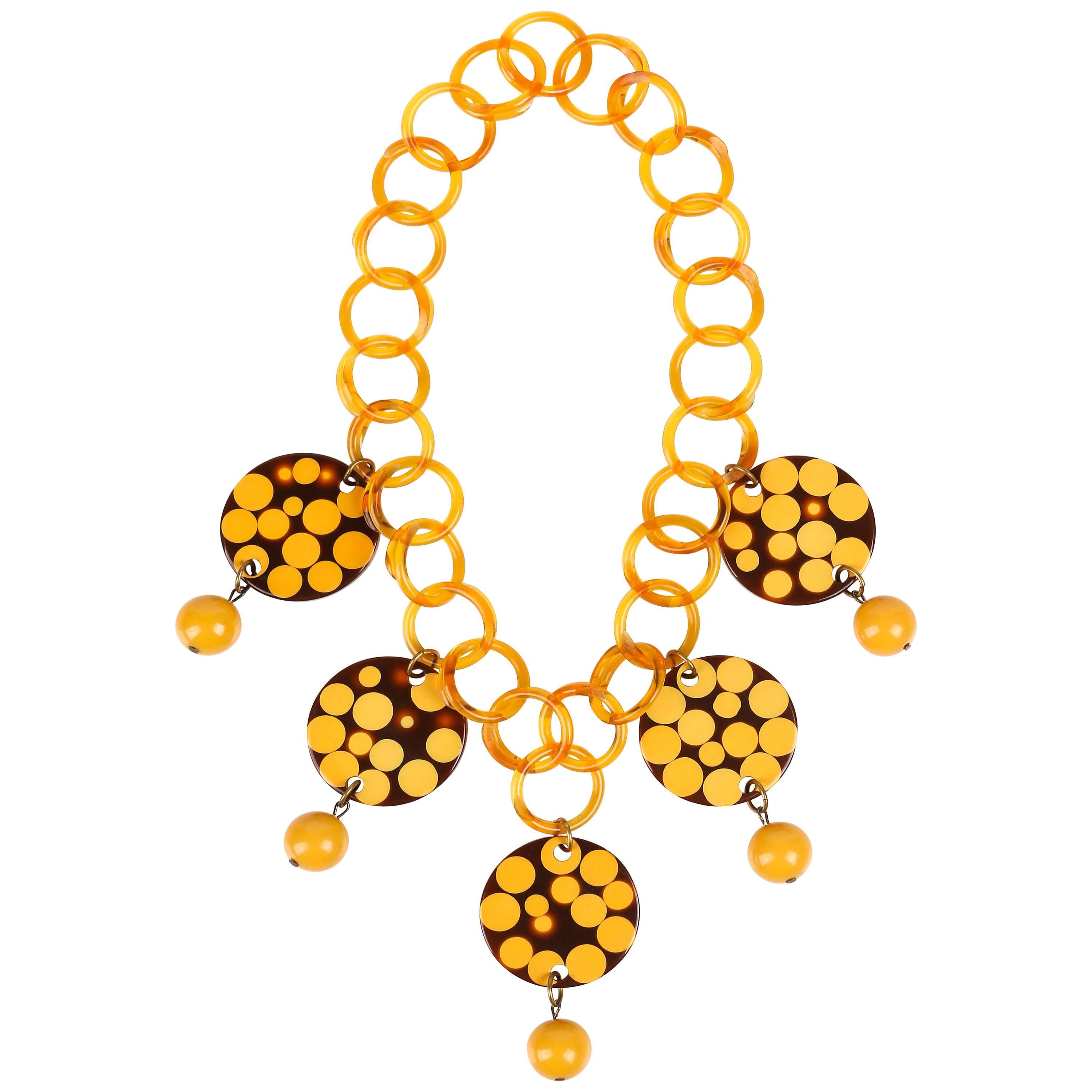 CHARLES ELKAIM c.1950's Bakelite Polka Dot Injection Butterscotch Link Necklace For Sale