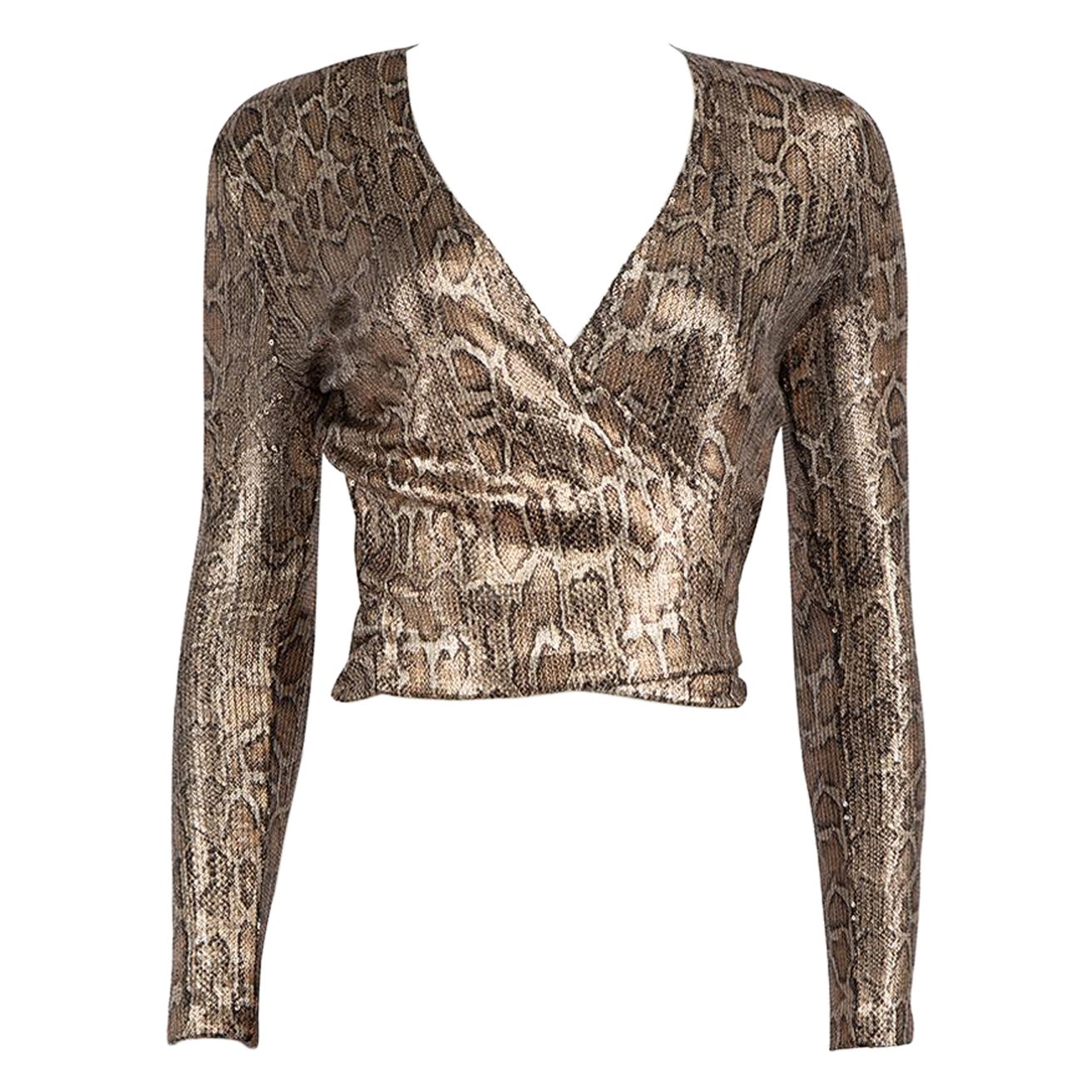 Saint Laurent Brown Snakeskin Sequin Wrap Top Size M For Sale