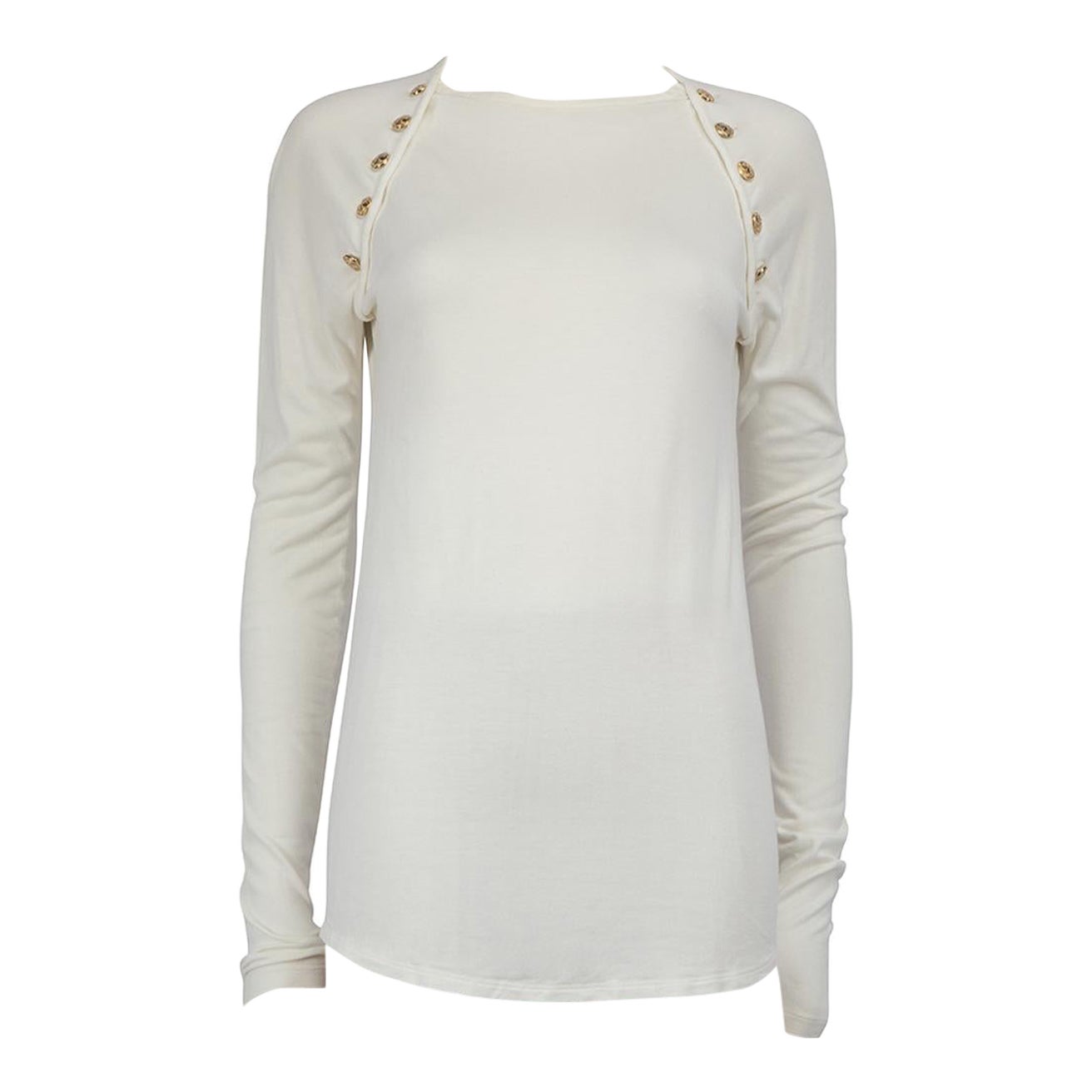 Balmain White Buttoned Shoulder Long Sleeve Top Size M For Sale