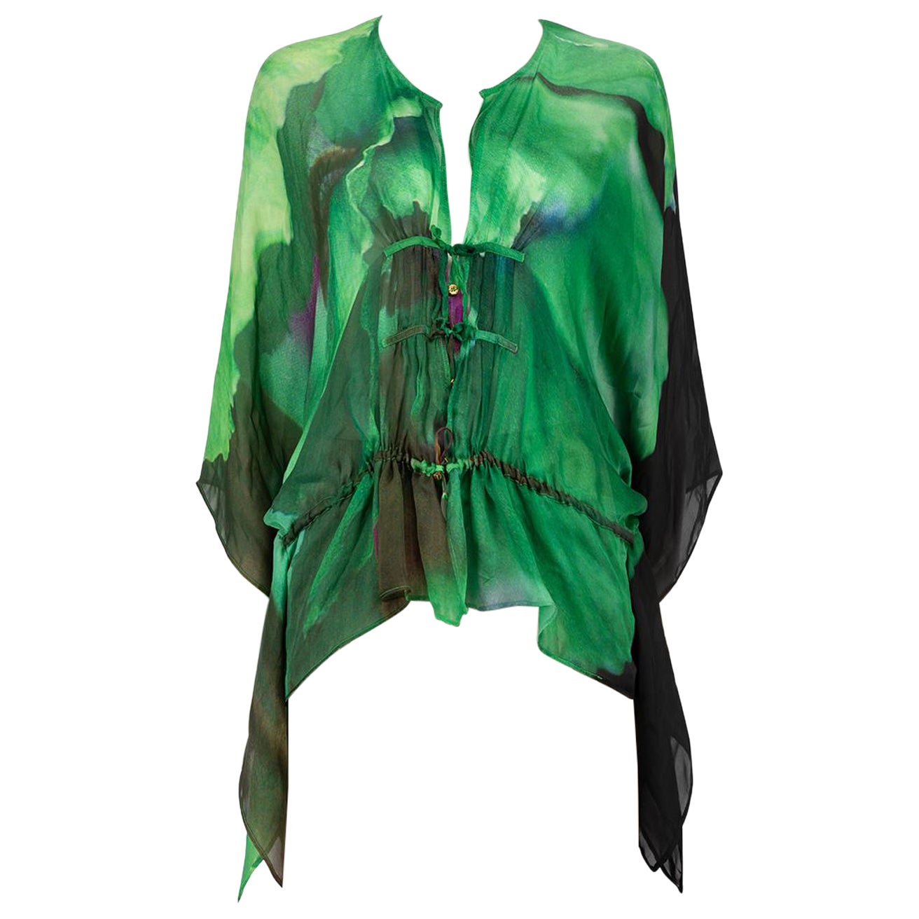 Roberto Cavalli Green Watercolour Print Drape Top Size M For Sale