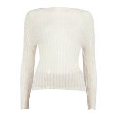 Used Issey Miyake Pleats Please Cream Round Neck Pleated Top Size M