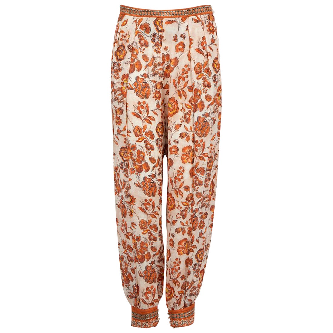 Loro Piana Orange Silk Floral Trousers Size S For Sale